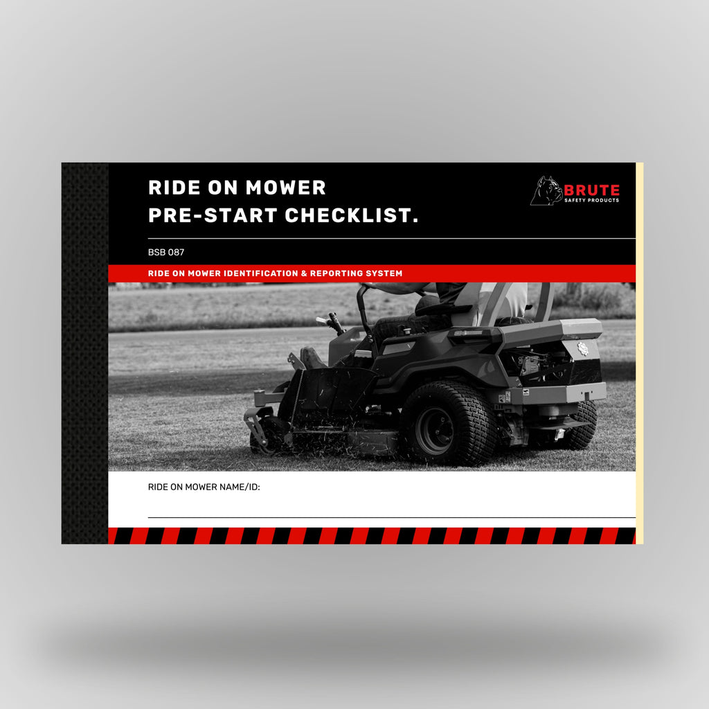 Brute Safety Products BSB 087 Ride On Mower Pre-Start Checklist Book in A5 landscape format, showing black cover with red banner, Brute Safety logo and greyscale image of a commercial zero turn ride on mower operating on a grassed area. Includes ride on mower name and ID field.