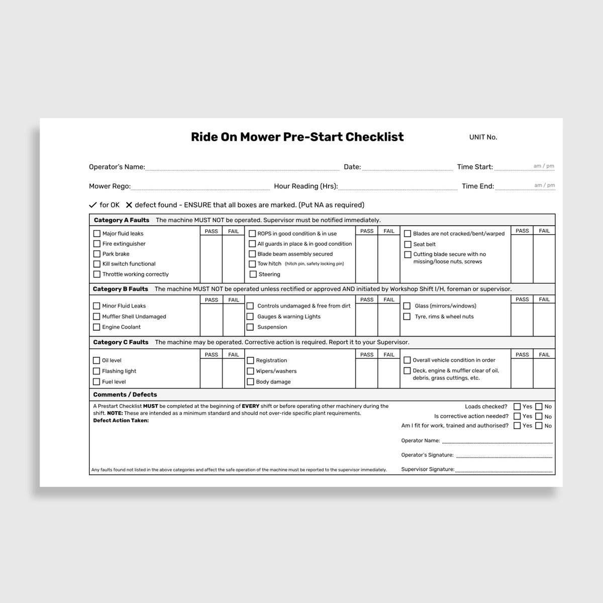 Internal page of the BSB 087 Ride On Mower Pre-Start Checklist Book showing mower rego and hour reading fields, Category A fault checks including major fluid leaks, fire extinguisher, park brake, kill switch functional, throttle working correctly, ROPS condition and in use, all guards in place and in good condition, blade beam assembly secured, tow hitch with hitch pin and safety locking pin, steering, blades not cracked, bent or warped, seat belt and cutting blade secure with no missing or loose nuts and s