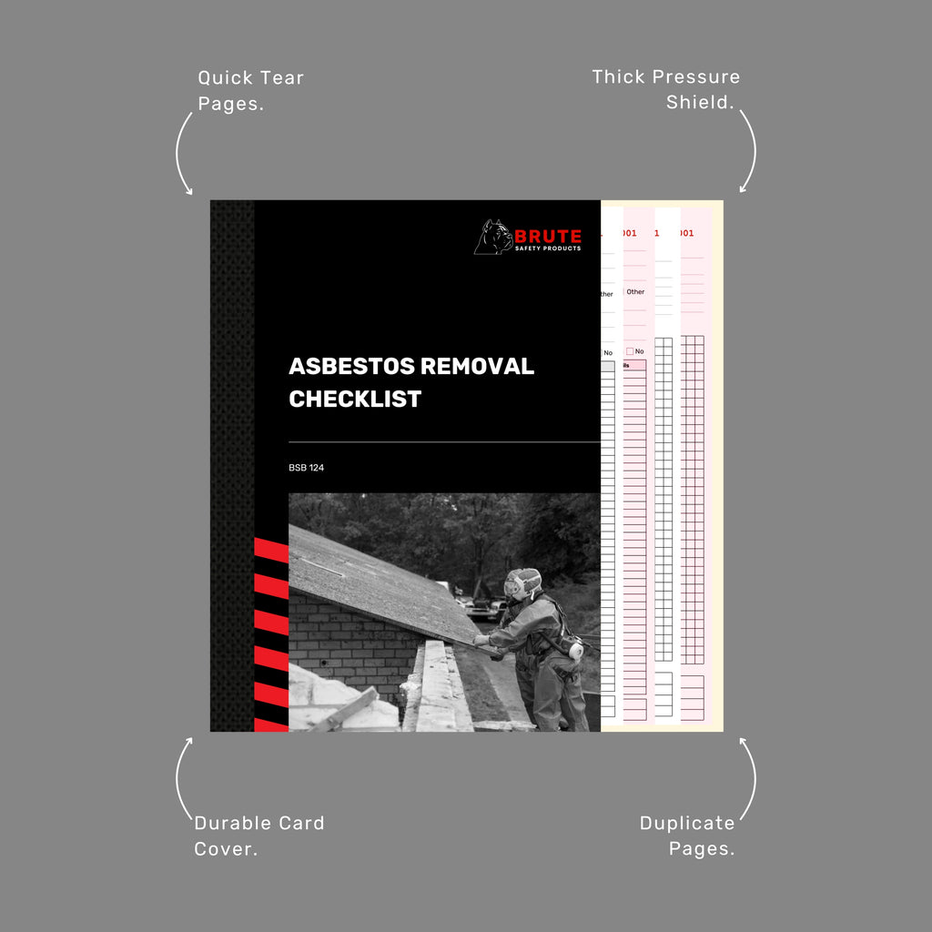 Interior spread of the BSB 124 Asbestos Removal Checklist book showing the white original and pink duplicate form pages, including site details, licence class, checklist items, site diagram grid and sign off fields.