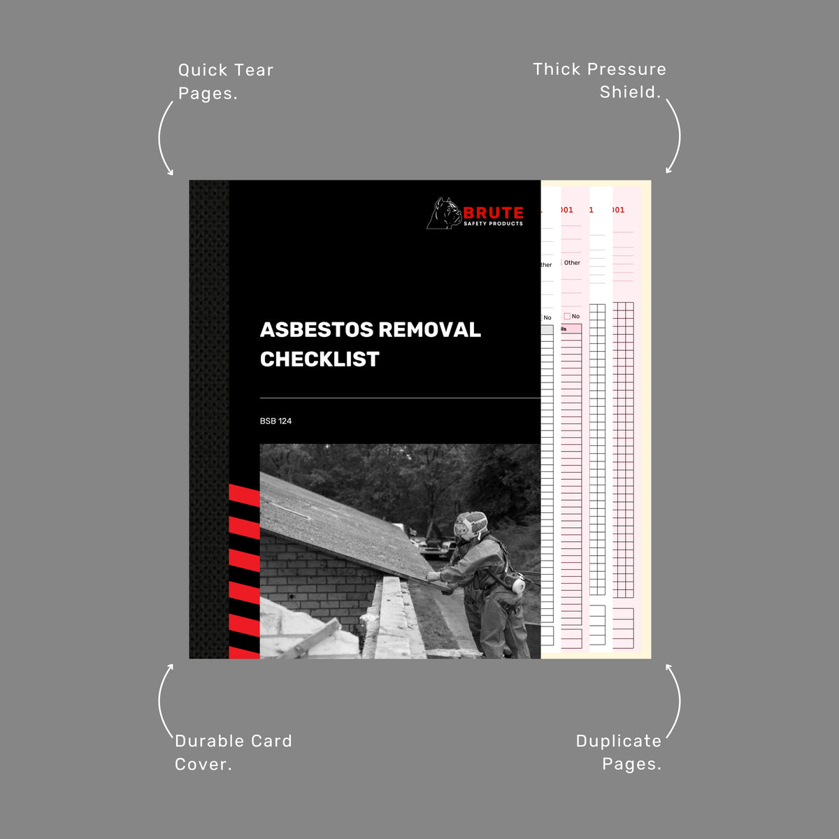 Interior spread of the BSB 124 Asbestos Removal Checklist book showing the white original and pink duplicate form pages, including site details, licence class, checklist items, site diagram grid and sign off fields.