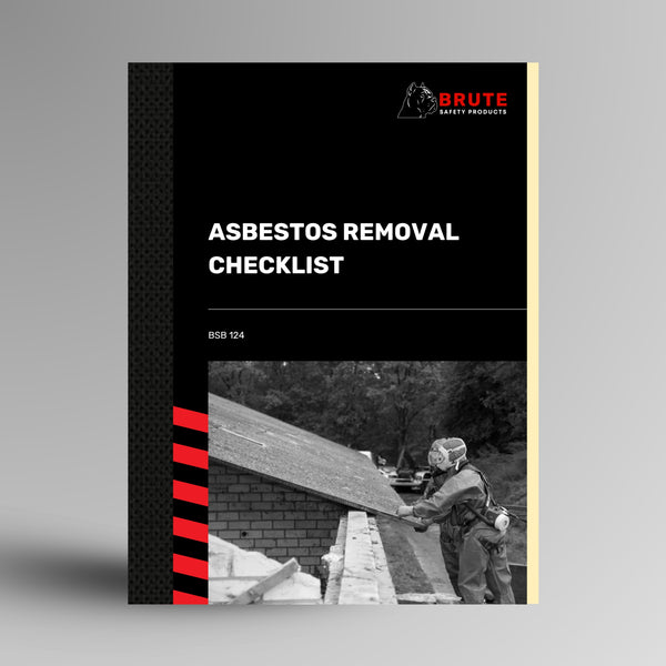 Brute Safety Products BSB 124 Asbestos Removal Checklist Book with black card cover and red spine detail, showing a licensed removalist handling asbestos sheeting on a rooftop.