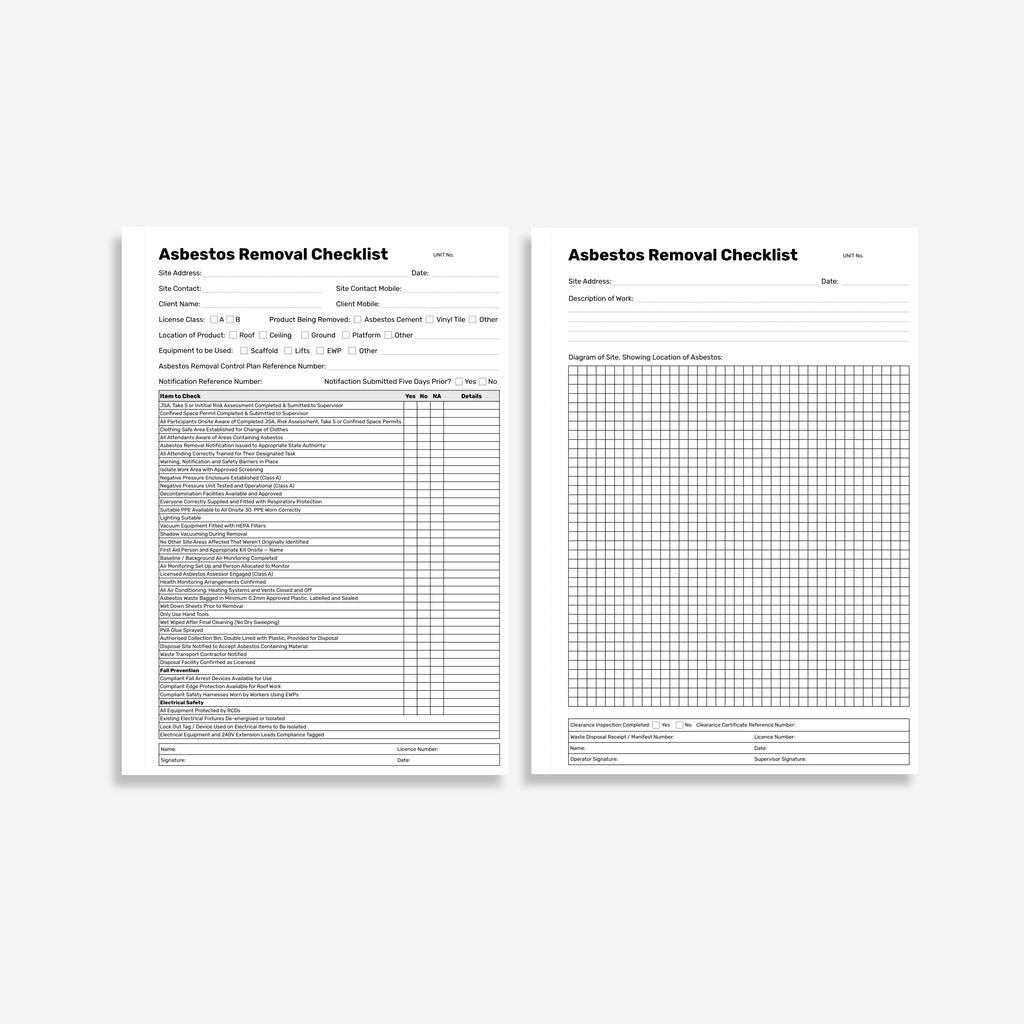 Brute Safety BSB 124 Asbestos Removal Checklist Book open showing quick tear duplicate pages, thick pressure shield and durable card cover callout labels.