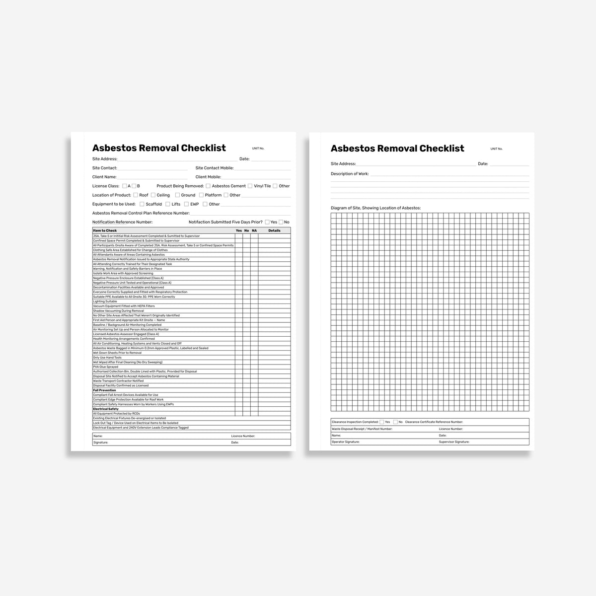 Brute Safety BSB 124 Asbestos Removal Checklist Book open showing quick tear duplicate pages, thick pressure shield and durable card cover callout labels.