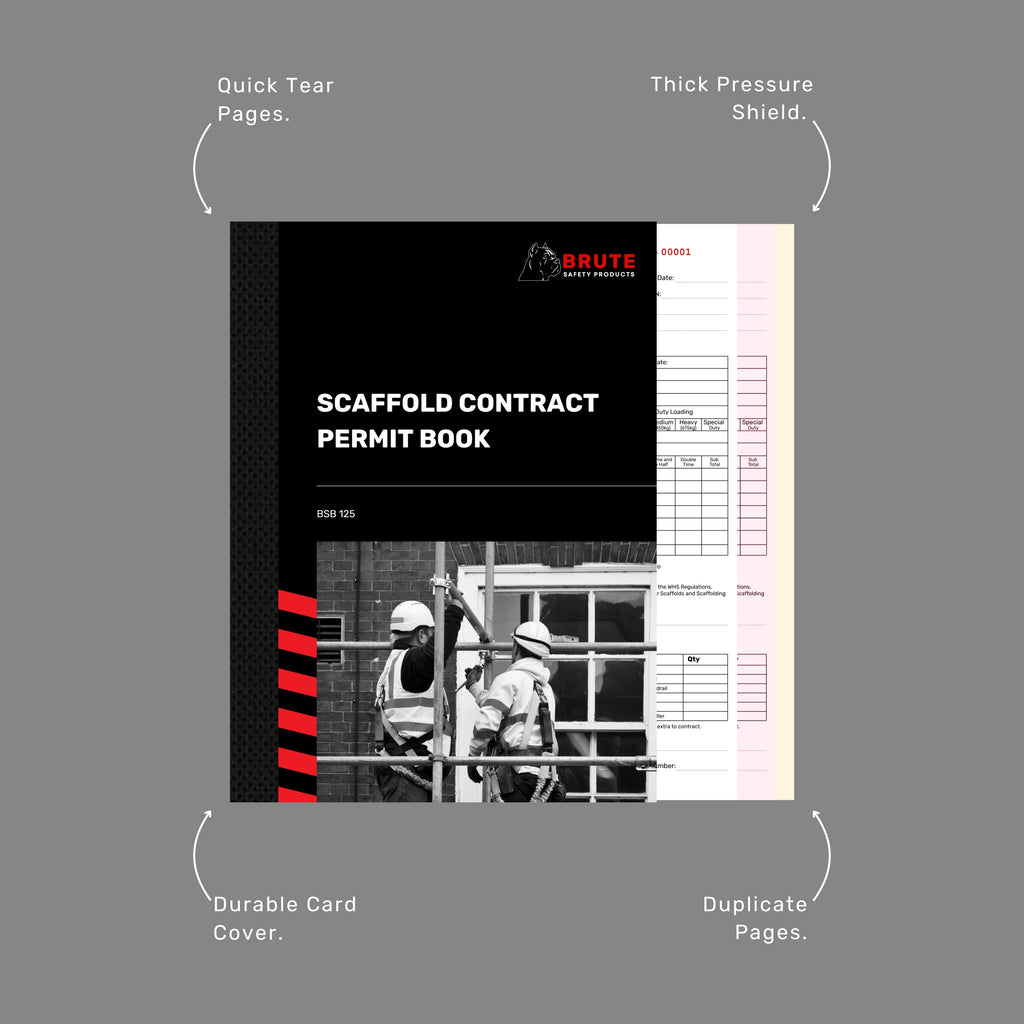 Brute Safety BSB 125 Scaffold Contract Permit Book shown with duplicate page spread visible, alongside the cover featuring scaffolders at height on a commercial building facade.