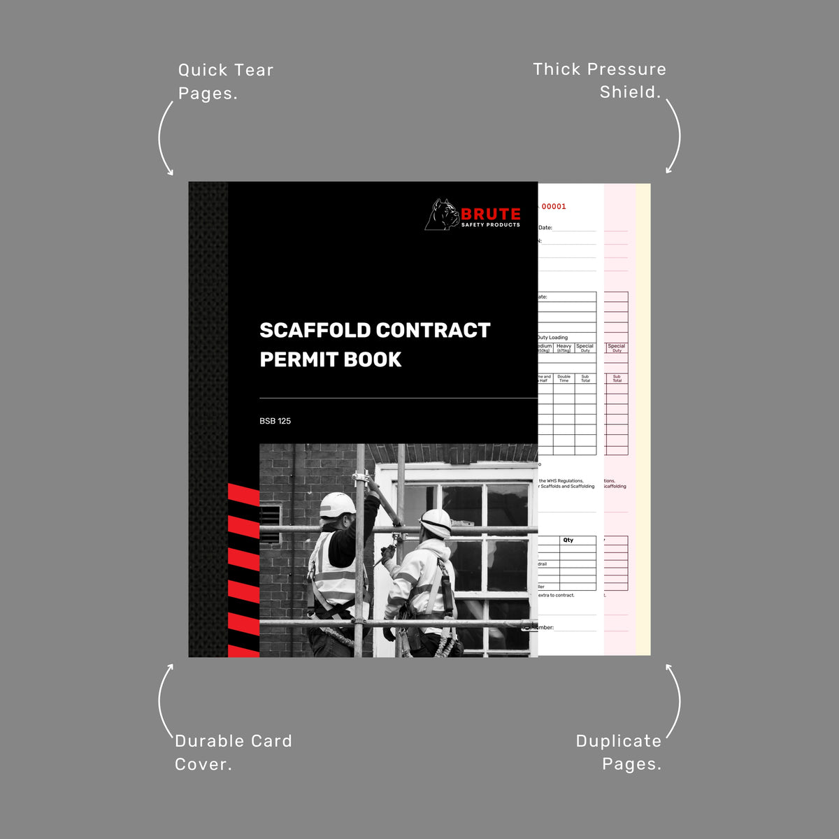 Brute Safety BSB 125 Scaffold Contract Permit Book shown with duplicate page spread visible, alongside the cover featuring scaffolders at height on a commercial building facade.