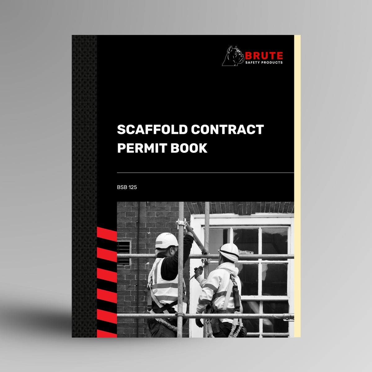 Brute Safety Products BSB 125 Scaffold Contract Permit Book with black card cover and red spine stripe, showing two scaffolders erecting a tube and coupler scaffold on a brick building.