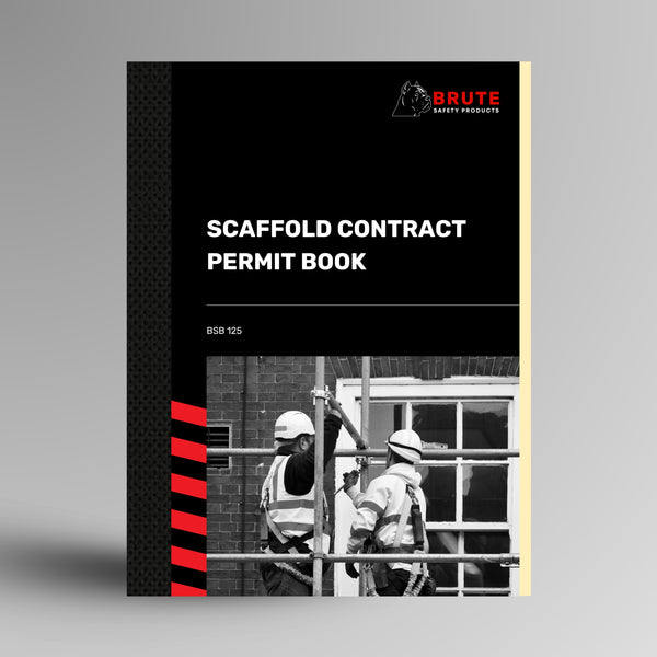 Brute Safety Products BSB 125 Scaffold Contract Permit Book with black card cover and red spine stripe, showing two scaffolders erecting a tube and coupler scaffold on a brick building.