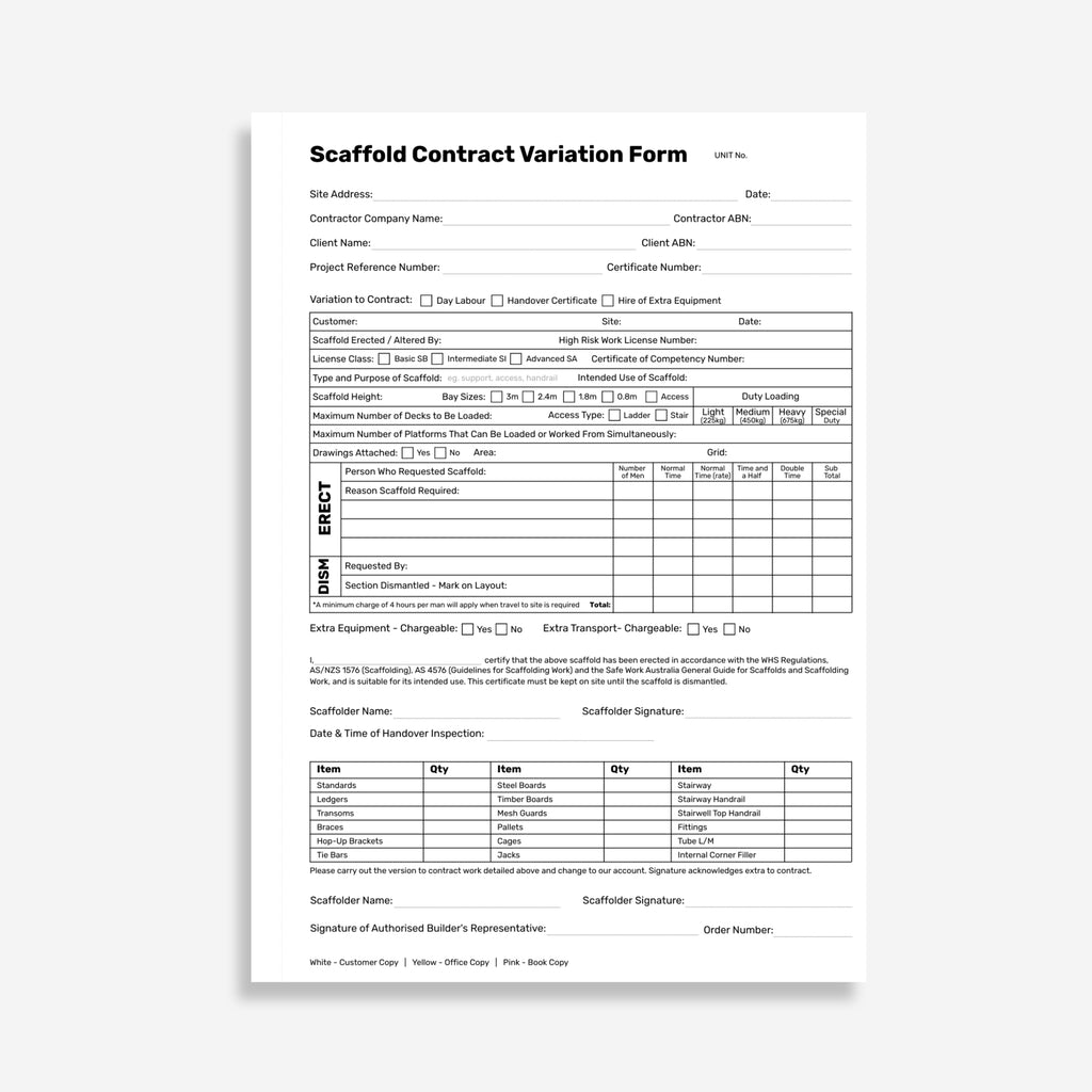 Interior page of the BSB 125 Scaffold Contract Permit Book showing the Scaffold Contract Variation Form with fields for site address, contractor details, scaffold type, bay sizes, duty loading, erect and dismantle labour grids, equipment inventory and scaffolder sign off. Triplicate copies noted as white for customer, yellow for office and pink for book.