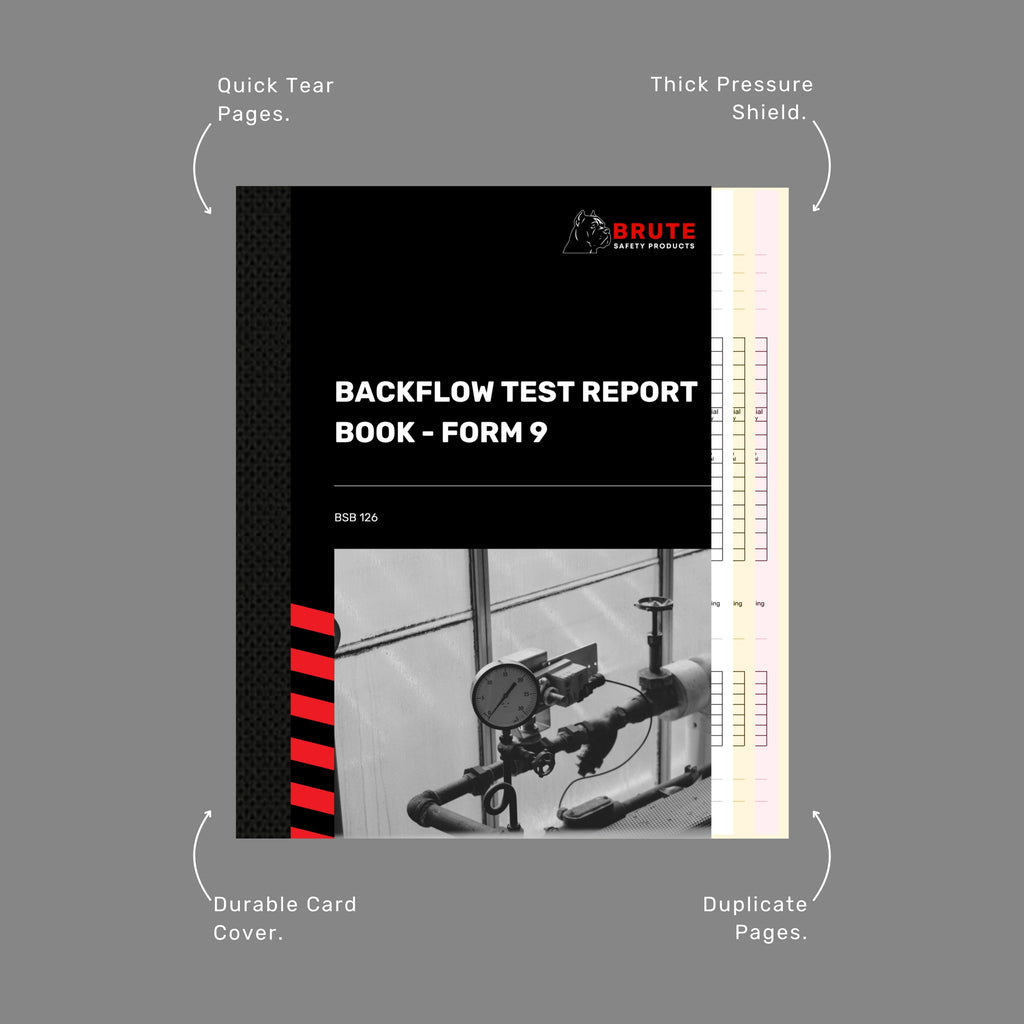 Brute Safety BSB 126 Backflow Test Report Book Form 9 callout image highlighting quick tear pages, thick pressure shield, durable card cover and duplicate pages with form spread visible.