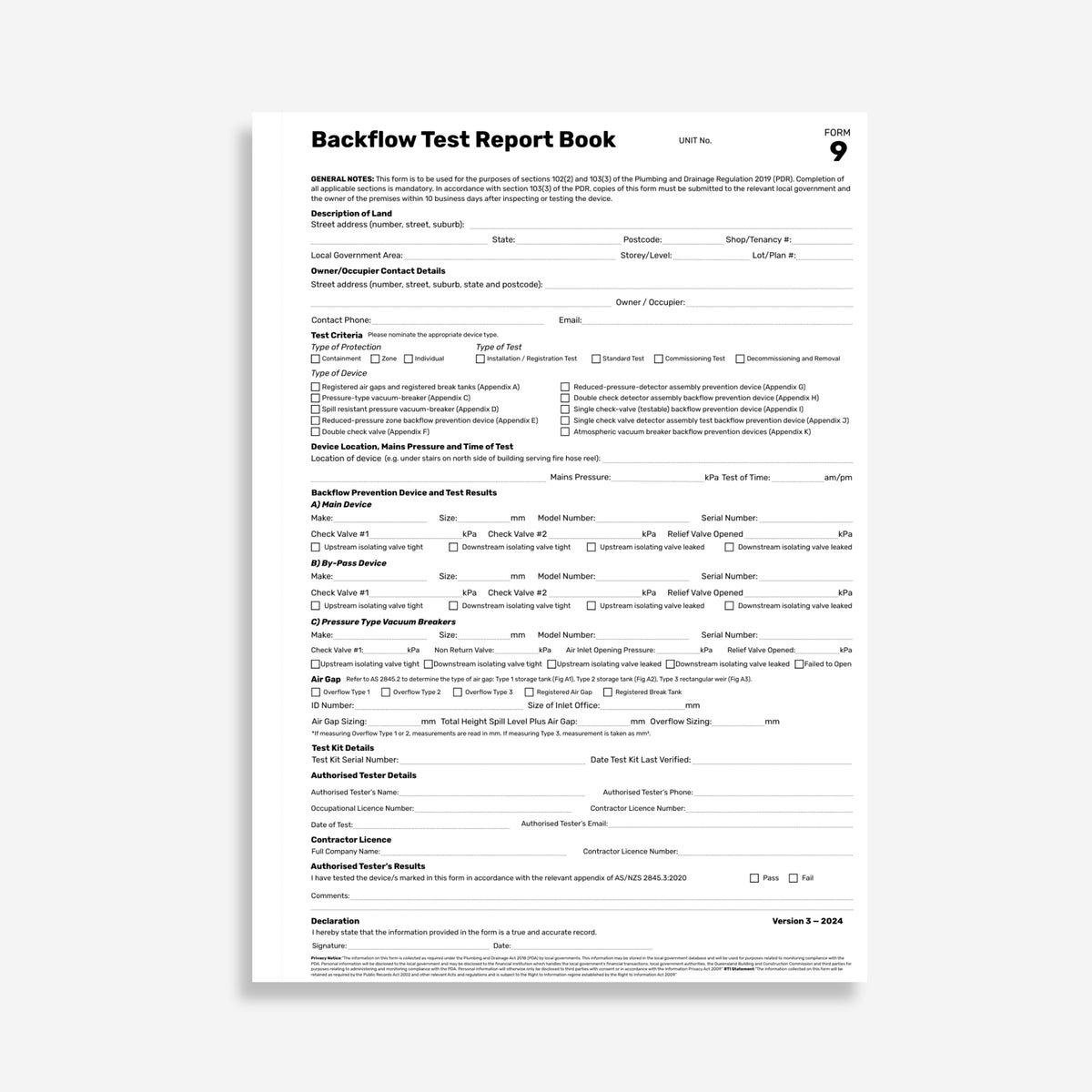 Interior page of the BSB 126 Backflow Test Report Book showing Queensland Form 9 fields including land description, owner and occupier contact details, type of protection, type of device, device location, mains pressure, backflow prevention device test results for main and bypass devices, pressure type vacuum breakers, air gap sizing, test kit details, authorised tester details, contractor licence and declaration sign off. Version 3 2024.