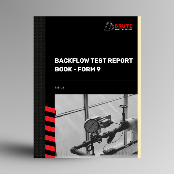 Brute Safety Products BSB 126 Backflow Test Report Book Form 9 with black card cover, showing a backflow prevention device with pressure gauge mounted on pipework.