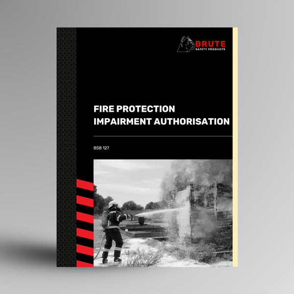 Brute Safety Products BSB 127 Fire Protection Impairment Authorisation Book with black card cover and red spine detail, showing a firefighter operating a hose reel at a controlled burn site.