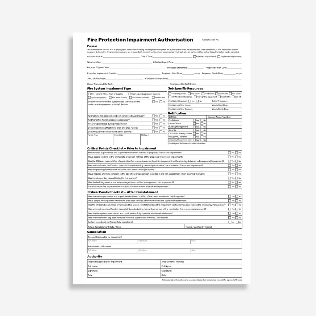 Interior spread of the BSB 127 Fire Protection Impairment Authorisation book showing the white original and pink duplicate form pages, including authorisation details, fire system impairment type, job specific resources, notification checklist, critical points checklist prior to impairment, critical points checklist after reinstatement, cancellation fields and authority sign off.