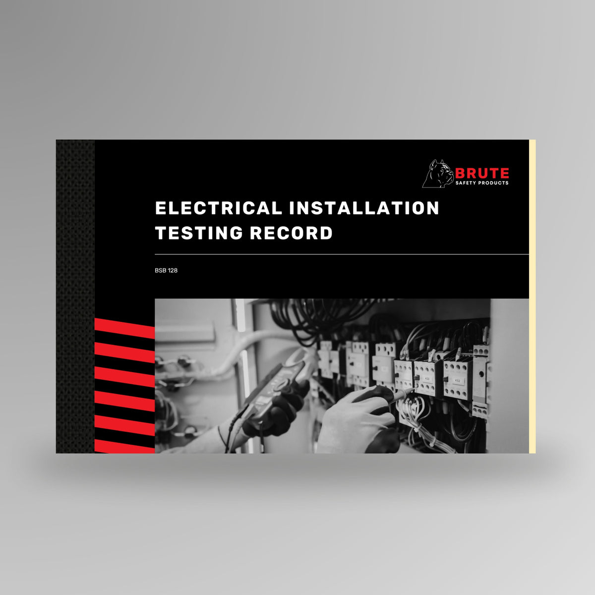 Interior page of the BSB 128 Electrical Installation Testing Record showing client, project and tester details, pre test checks, and a results table covering continuity, insulation resistance, correct circuit connections, polarity, fault loop impedance and RCD trip time, tested in accordance with AS/NZS 3017 to verify compliance with AS/NZS 3000.