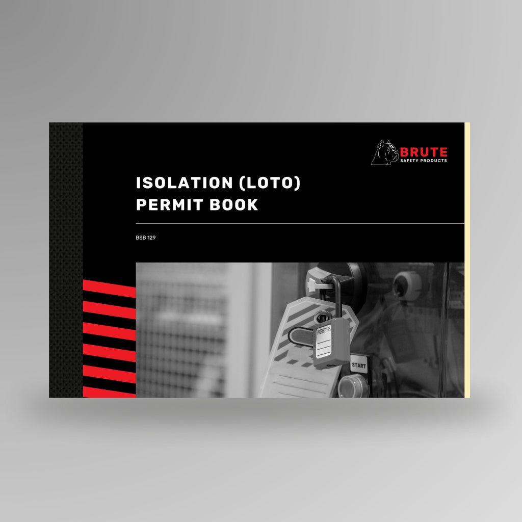 Brute Safety Products BSB 129 Isolation LOTO Permit Book cover, black card with red and black stripe detail, showing a padlock and tag fitted to isolated plant, with Brute Safety Products logo.