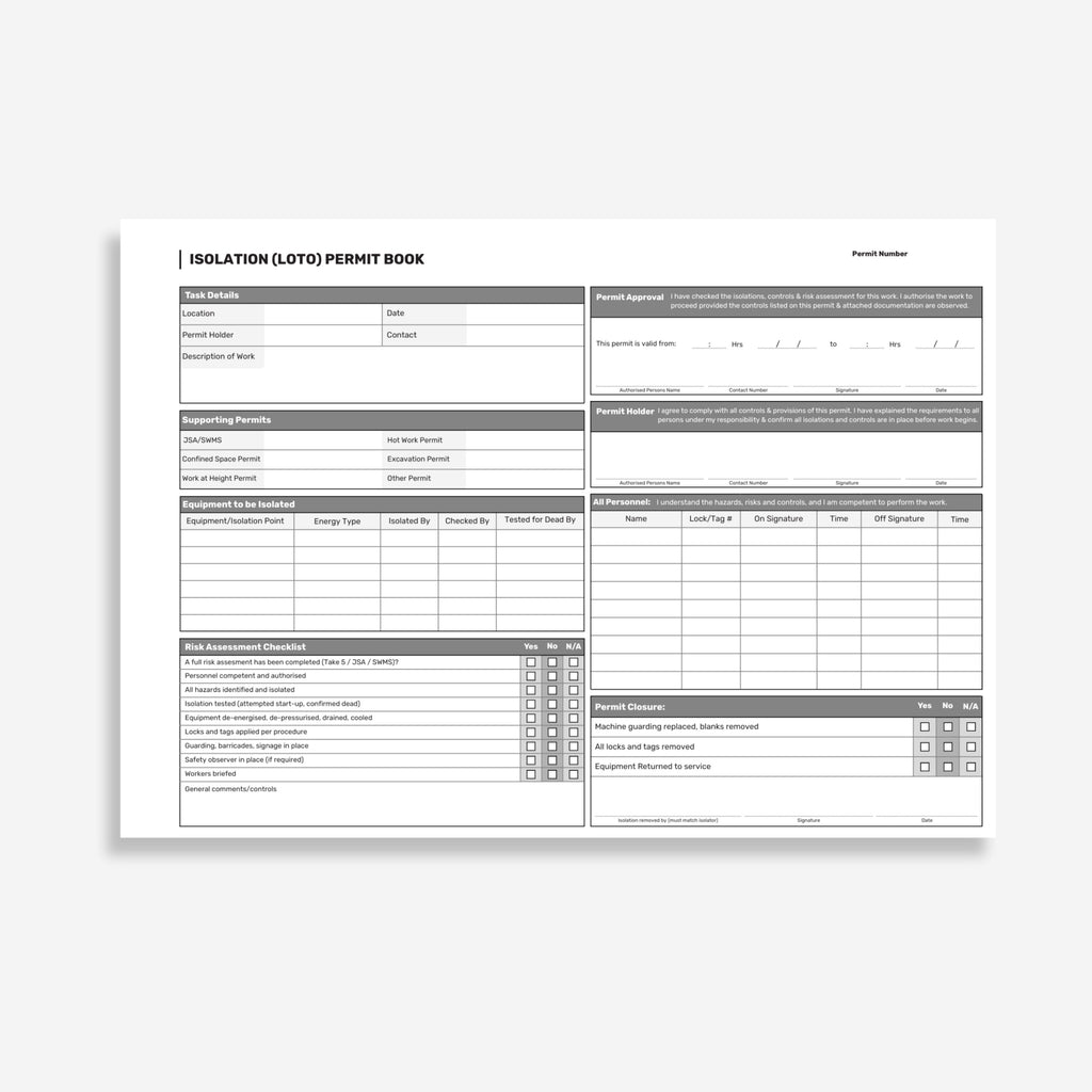 Interior spread of the BSB 129 Isolation LOTO Permit Book showing task details, supporting permits, equipment to be isolated table, risk assessment checklist, permit approval, permit holder, all personnel sign on and off, and permit closure sections.