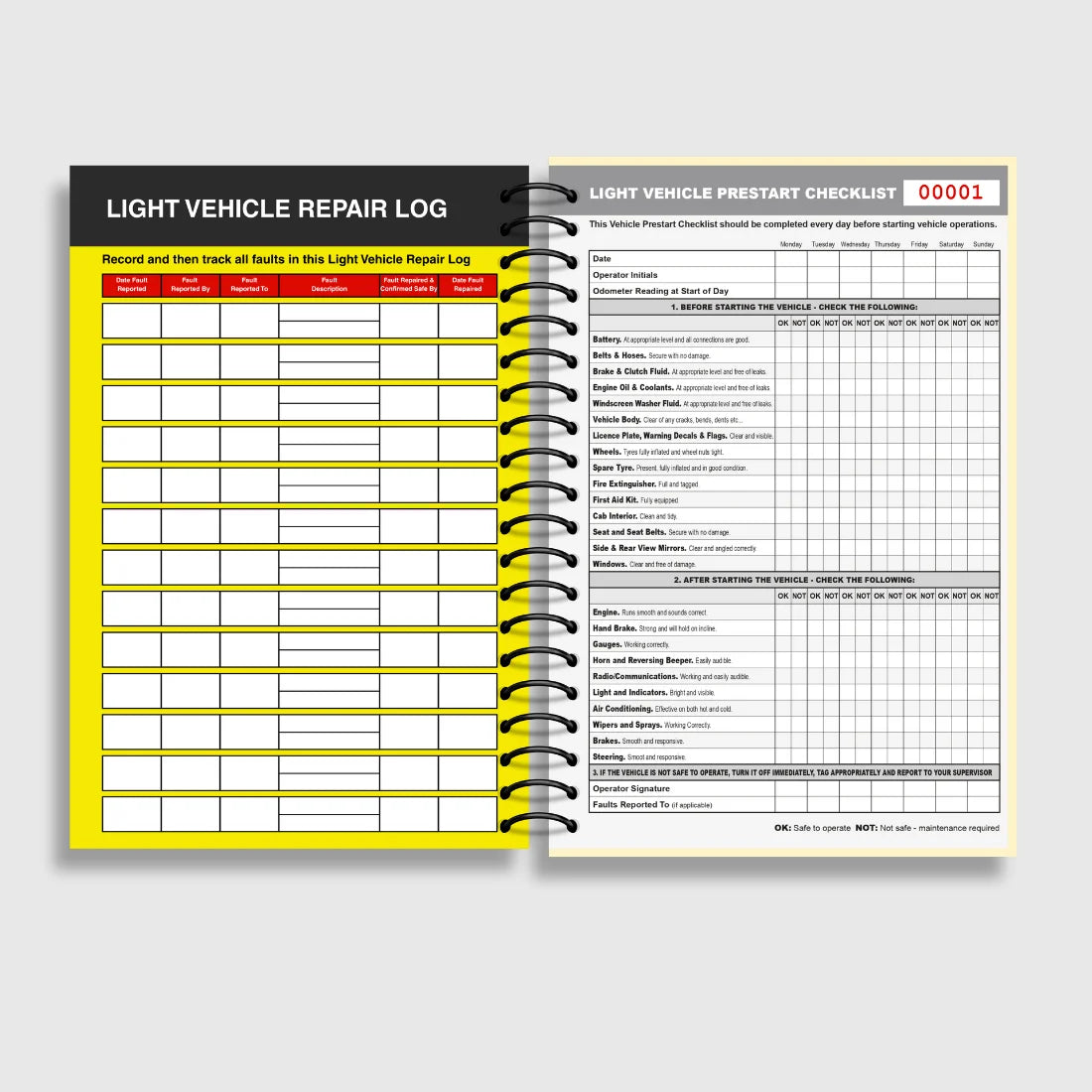 BSB 001 Light Vehicle Pre-Start Checklist opened flat showing duplicate sets with inspection fields for brakes, tyres, lights and fluids at 210 x 148 mm size