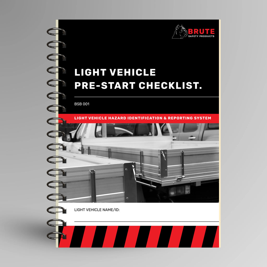 BSB 001 Light Vehicle Pre-Start Checklist book shown upright in blue with Brute Safety Products branding on cover