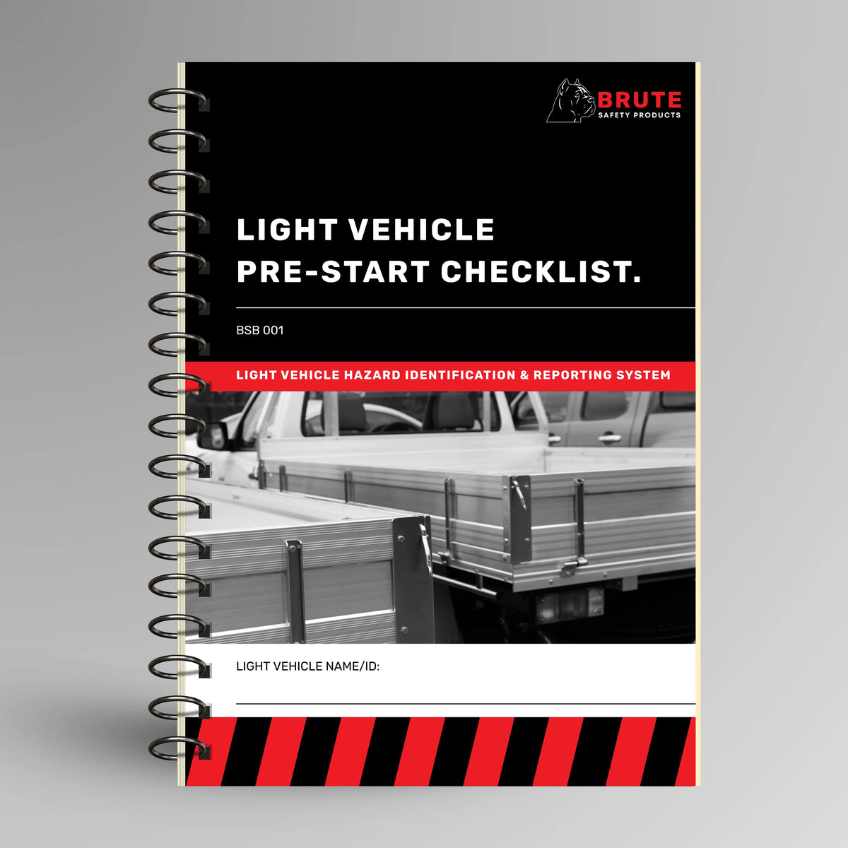BSB 001 Light Vehicle Pre-Start Checklist book shown upright in blue with Brute Safety Products branding on cover
