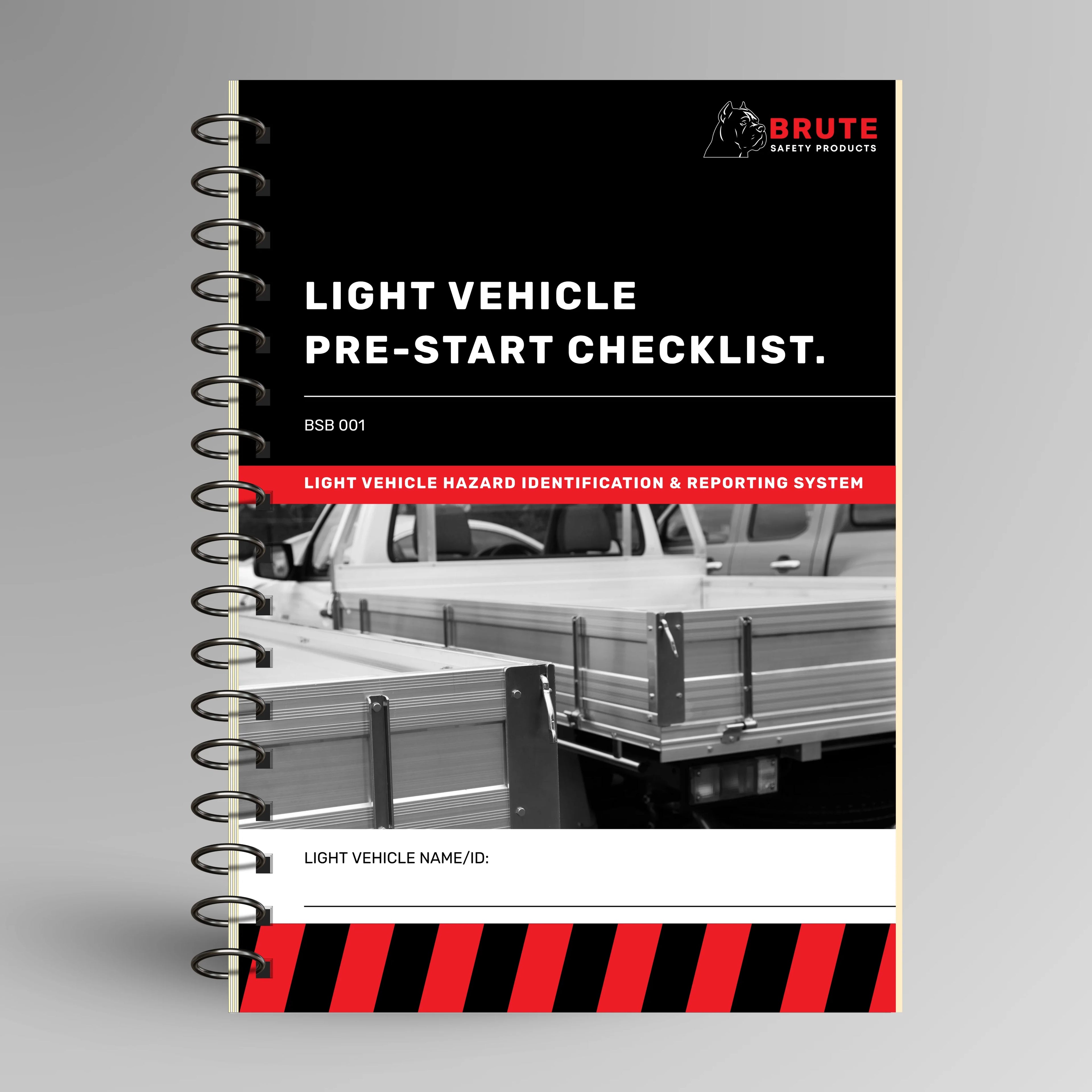 BSB 001 Light Vehicle Pre-Start Checklist book shown upright in blue with Brute Safety Products branding on cover