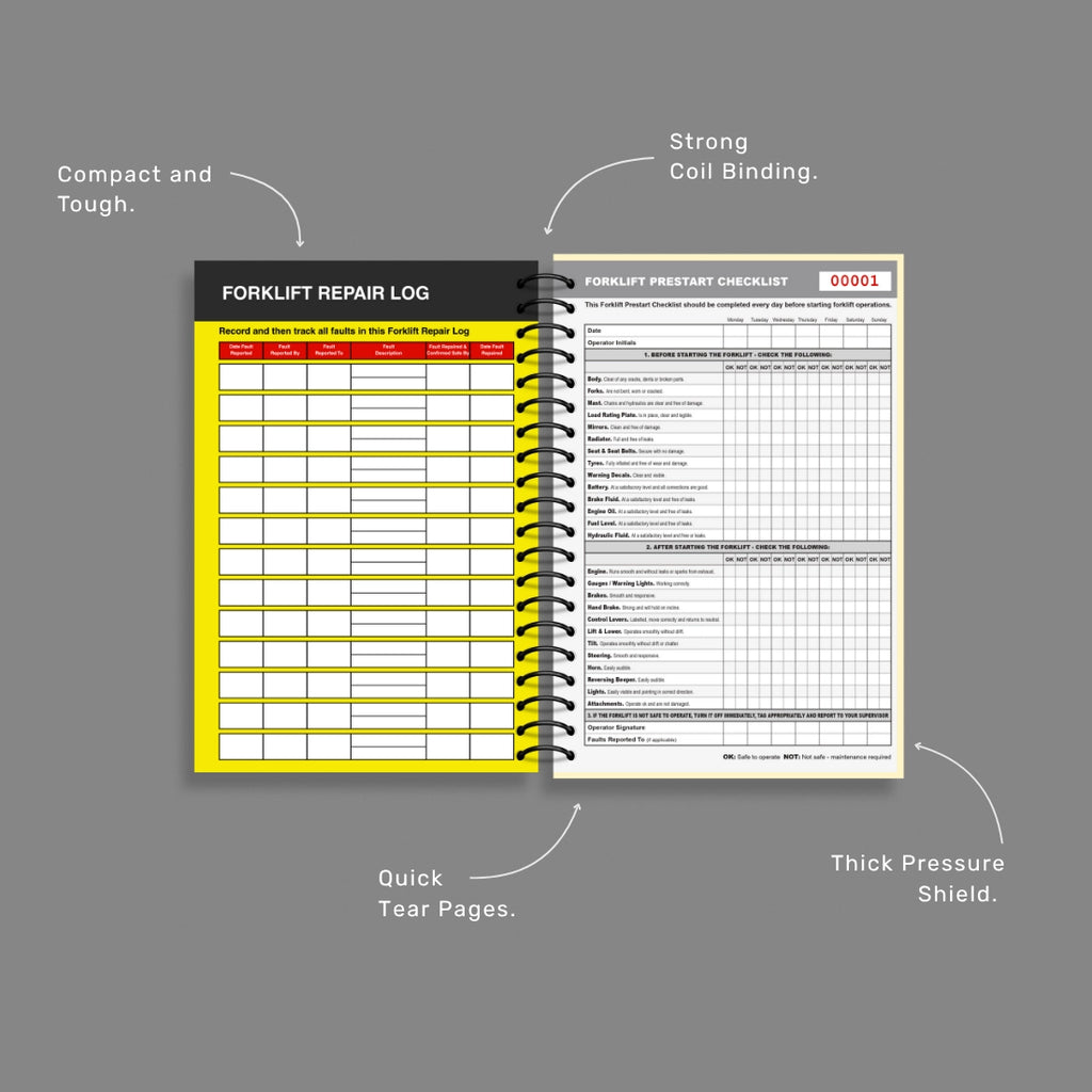 Forklift Pre-Start Checklist benefits callout highlighting 50 duplicate sets, writing shield and warehouse safety compliance features