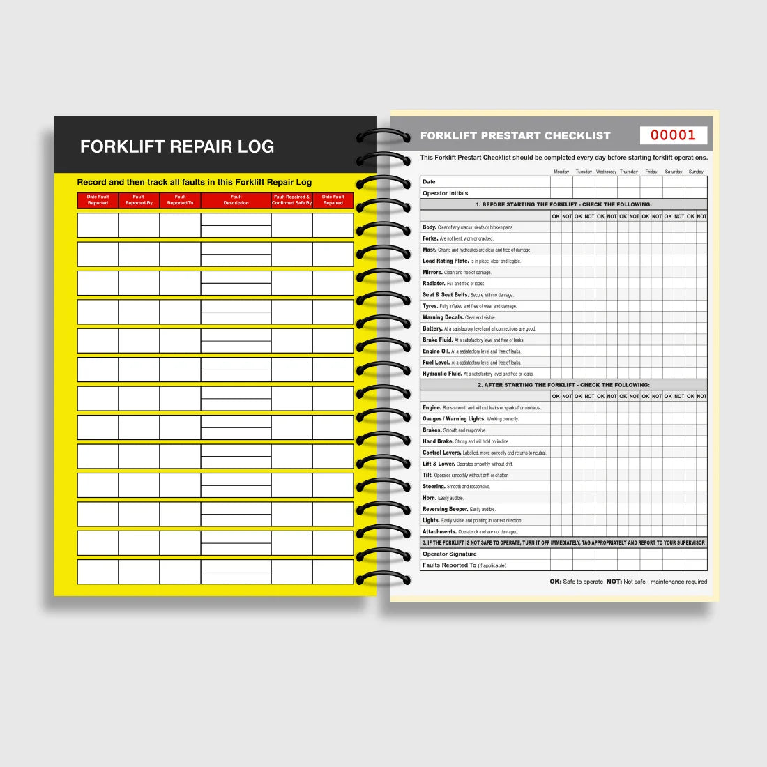 BSB 003 Forklift Pre-Start Checklist opened flat showing duplicate sets with inspection fields for controls, hydraulics, forks and safety systems at 210 x 148 mm size