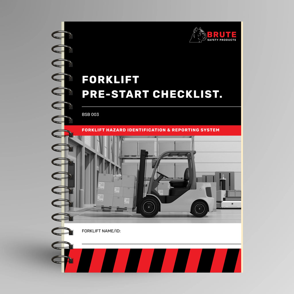 BSB 003 Forklift Pre-Start Checklist book shown upright in blue with Brute Safety Products branding on cover