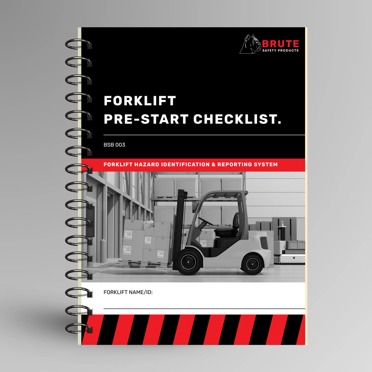 BSB 003 Forklift Pre-Start Checklist book shown upright in blue with Brute Safety Products branding on cover