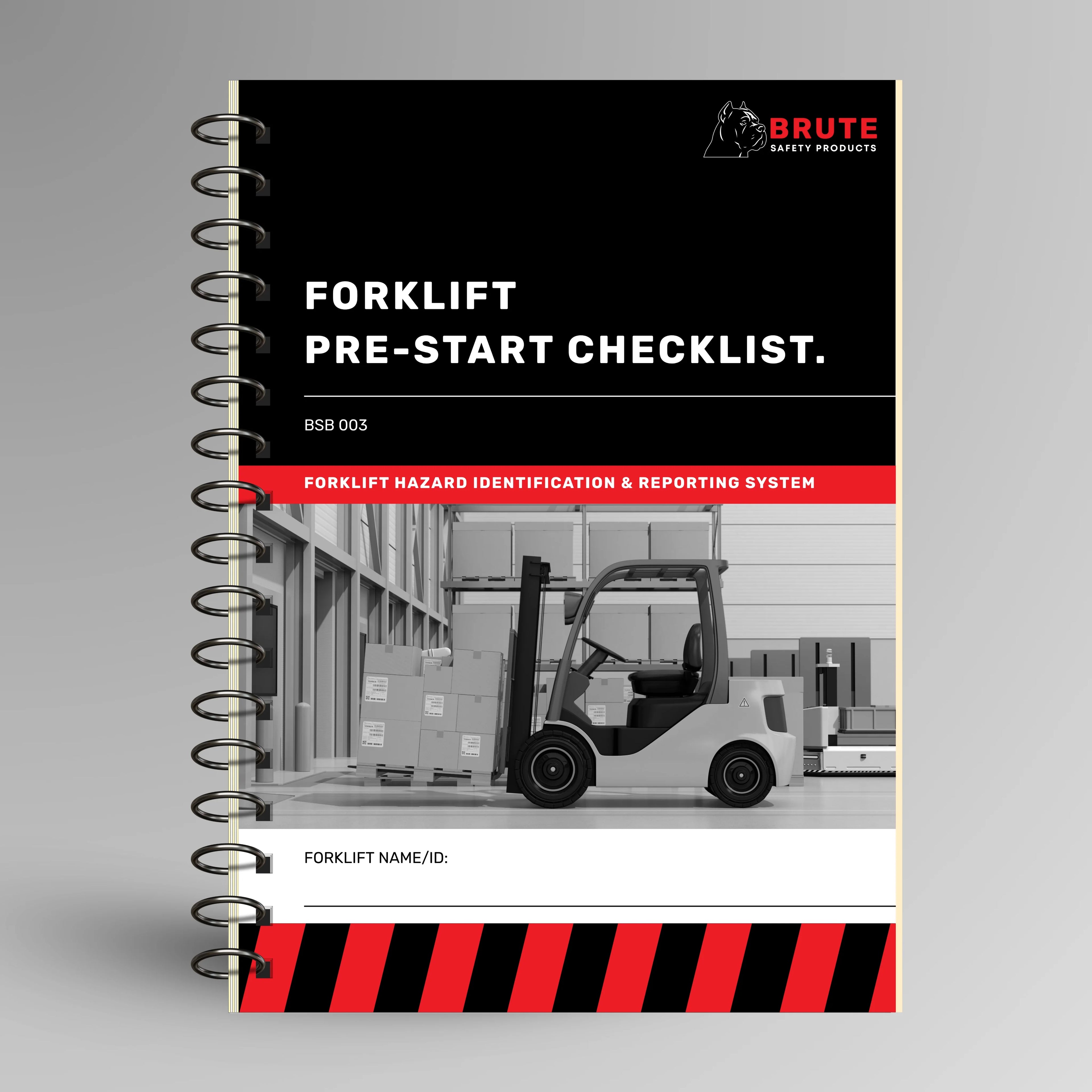 BSB 003 Forklift Pre-Start Checklist book shown upright in blue with Brute Safety Products branding on cover