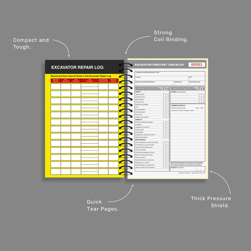 Excavator Pre-Start Checklist benefits callout highlighting 50 duplicate sets, writing shield and comprehensive machinery inspection features