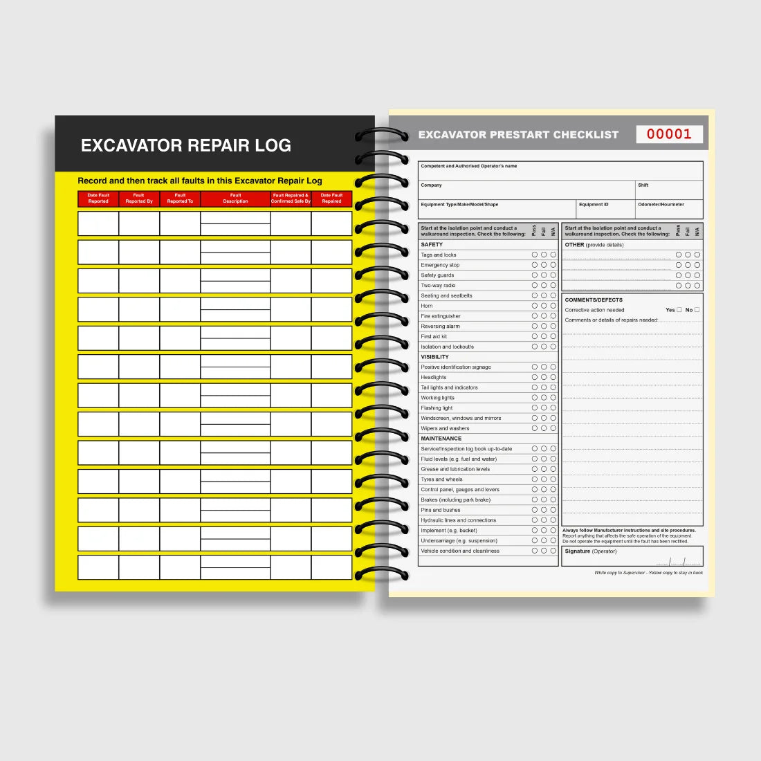 BSB 004 Excavator Pre-Start Checklist opened flat showing duplicate sets with inspection fields for hydraulics, tracks, boom and bucket systems at 210 x 148 mm size