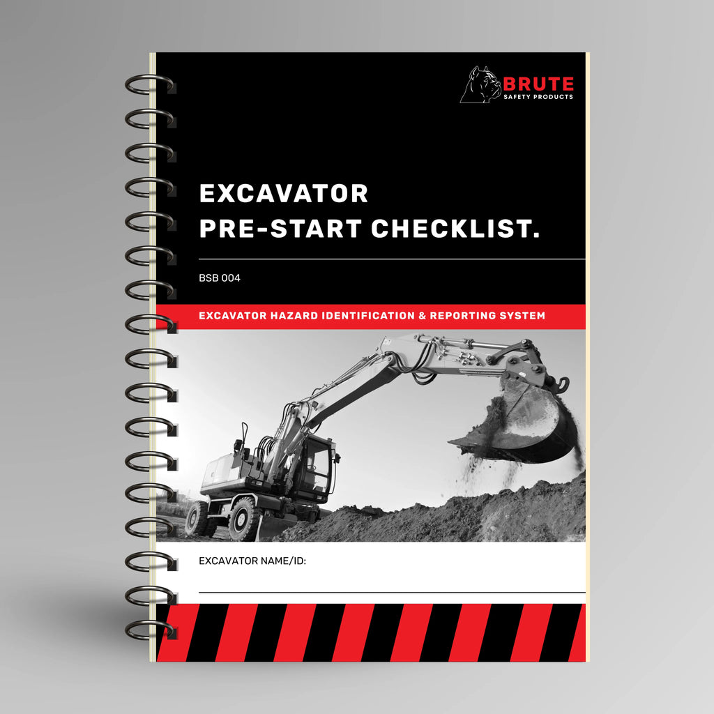 BSB 004 Excavator Pre-Start Checklist book shown upright in blue with Brute Safety Products branding on cover