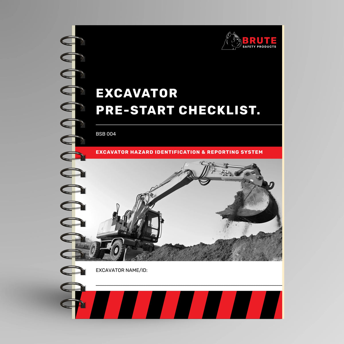 BSB 004 Excavator Pre-Start Checklist book shown upright in blue with Brute Safety Products branding on cover
