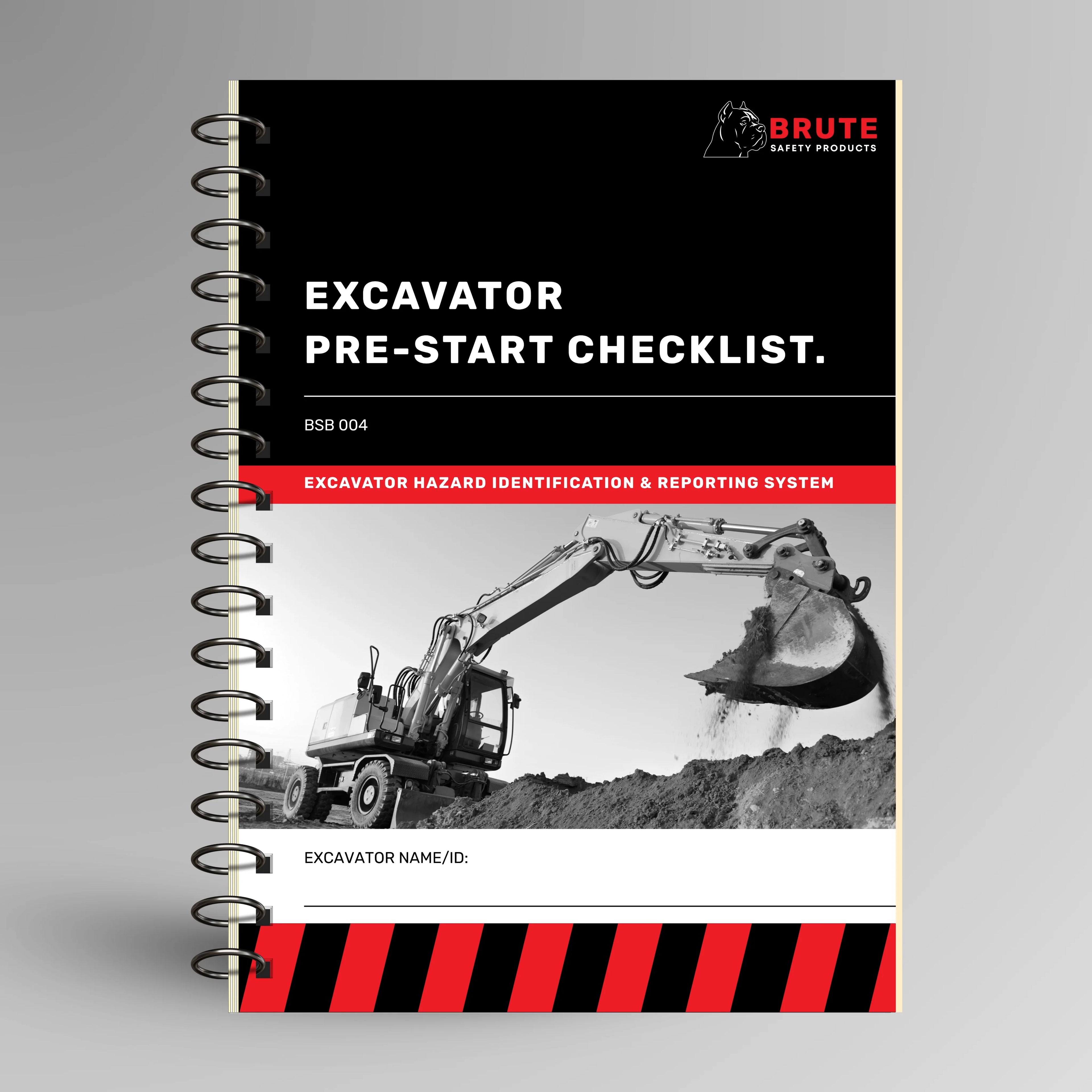 BSB 004 Excavator Pre-Start Checklist book shown upright in blue with Brute Safety Products branding on cover