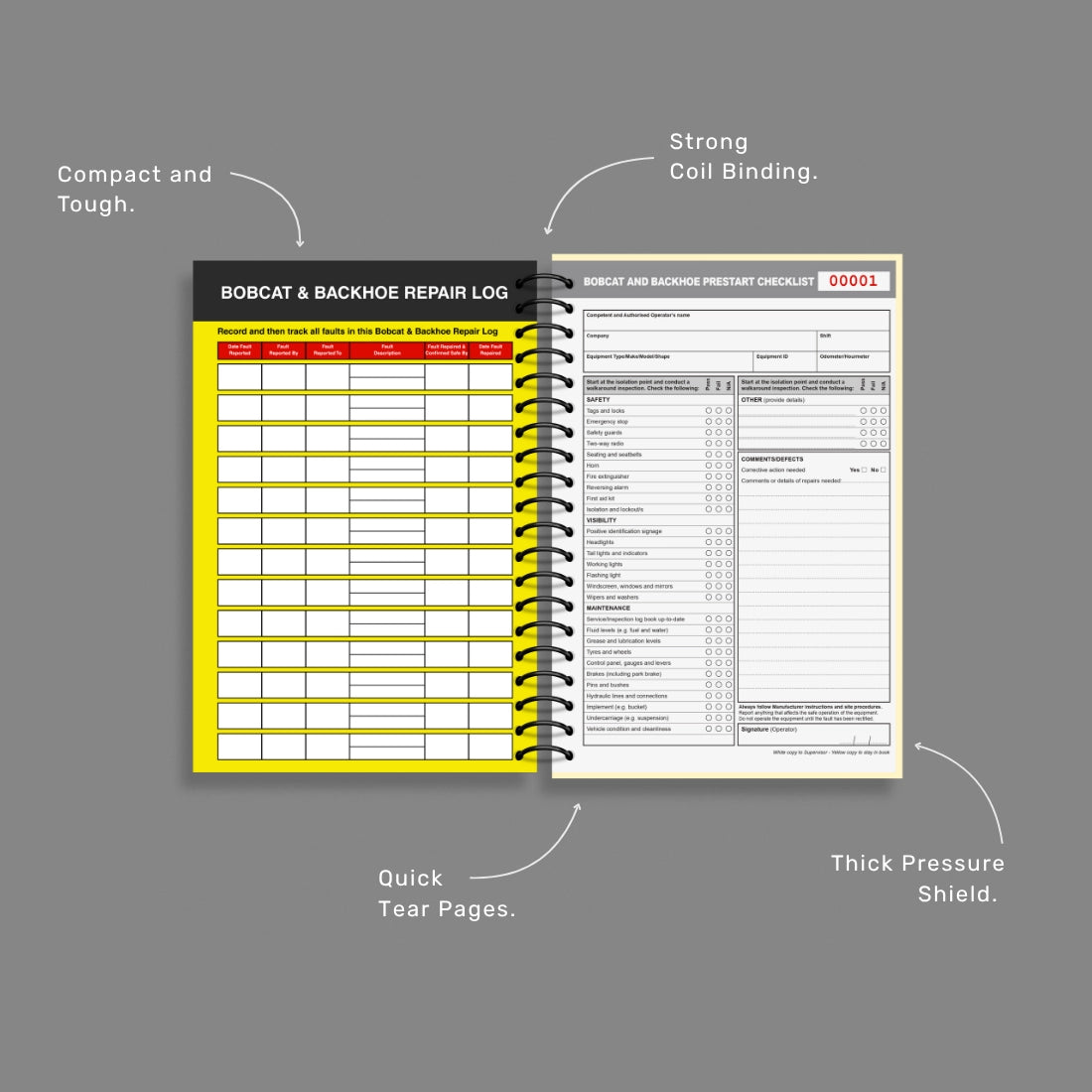 Bobcat & Backhoe Pre-Start Checklist benefits callout highlighting 50 duplicate sets, writing shield and dual equipment inspection capability