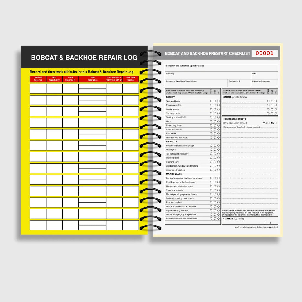 BSB 005 Bobcat & Backhoe Pre-Start Checklist opened flat showing duplicate sets with inspection fields for hydraulics, attachments and control systems at 210 x 148 mm size