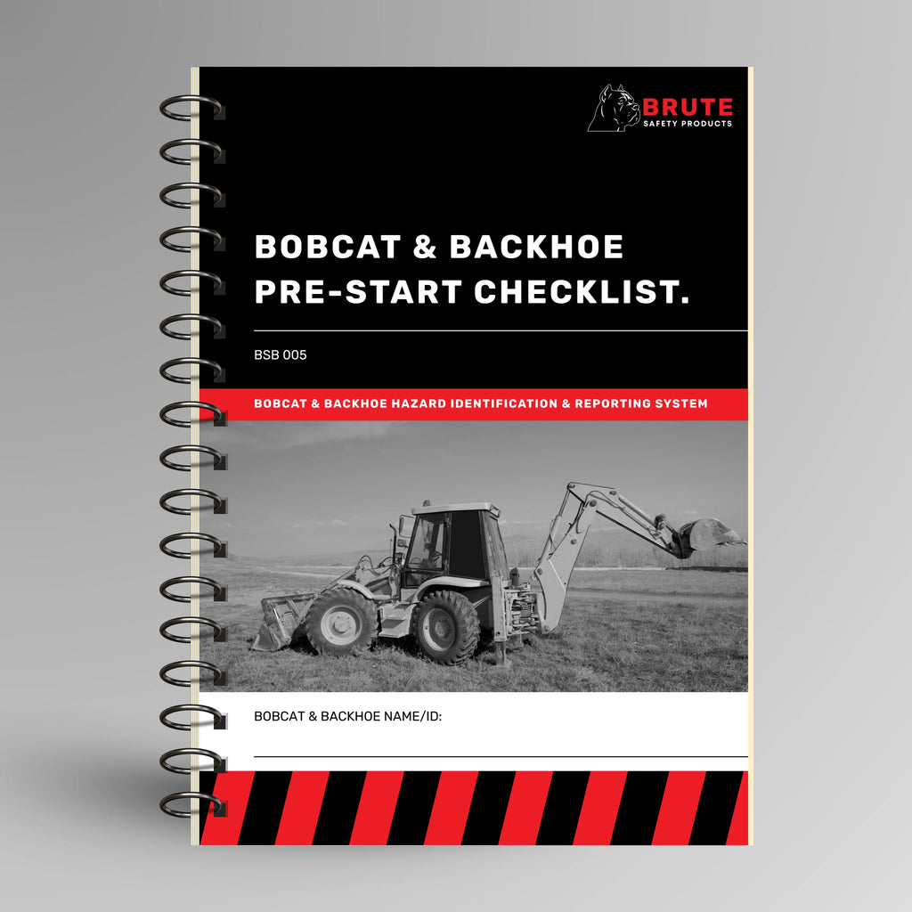 BSB 005 Bobcat & Backhoe Pre-Start Checklist book shown upright in blue with Brute Safety Products branding on cover