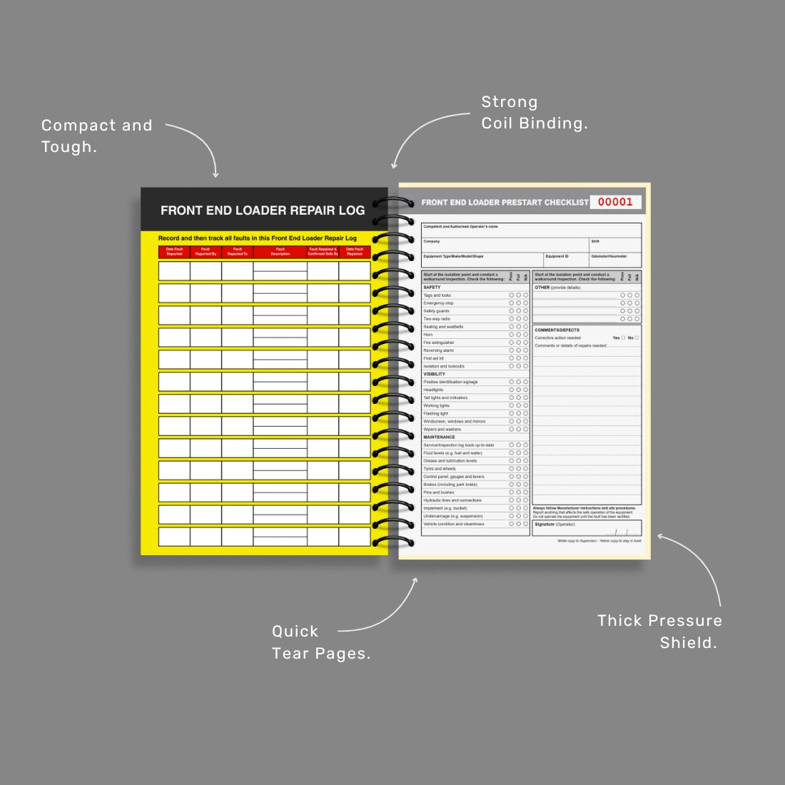 Front End Loader Pre-Start Checklist benefits callout highlighting 50 duplicate sets, writing shield and heavy load safety inspection features