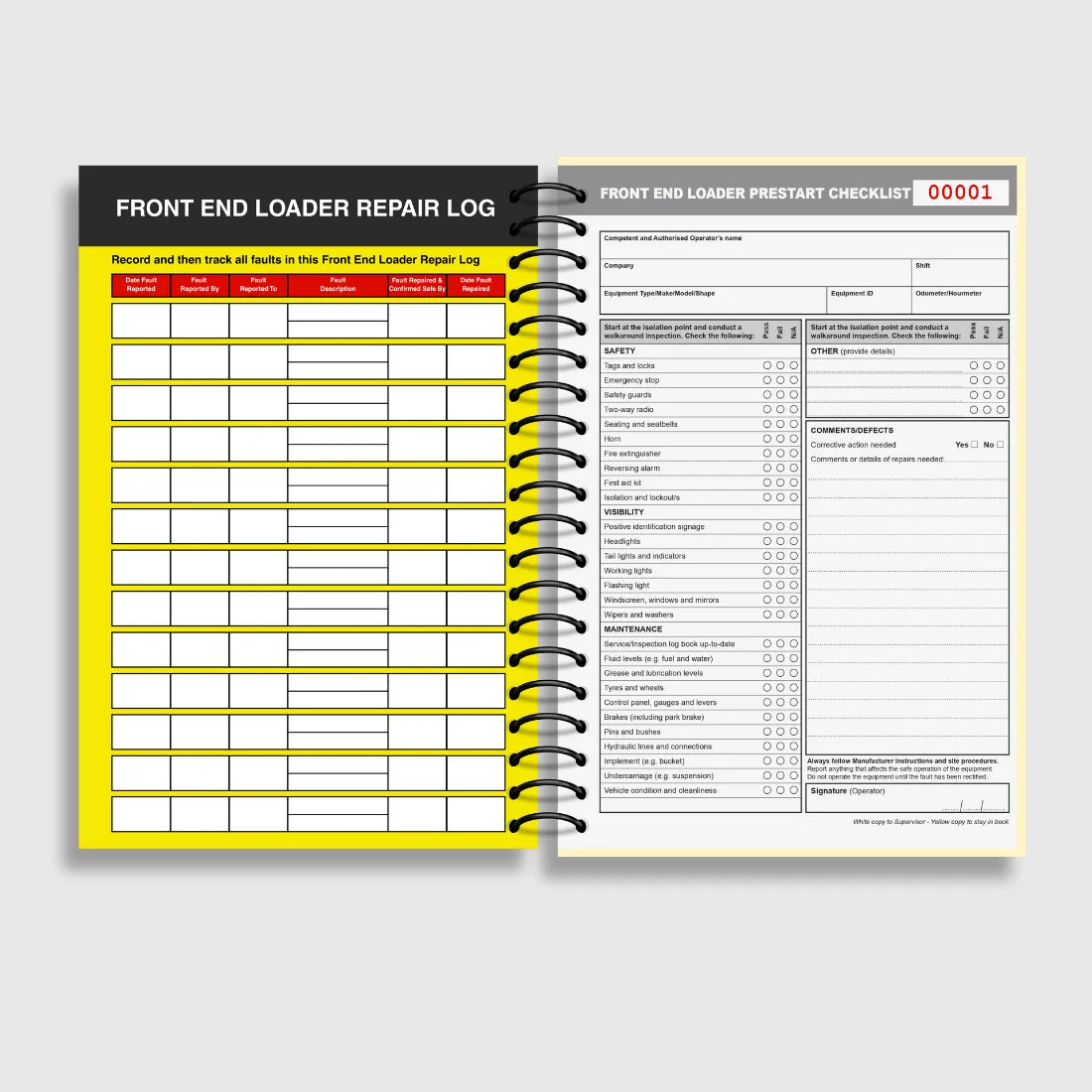 BSB 006 Front End Loader Pre-Start Checklist opened flat showing duplicate sets with inspection fields for bucket, hydraulics, braking and engine systems at 210 x 148 mm size