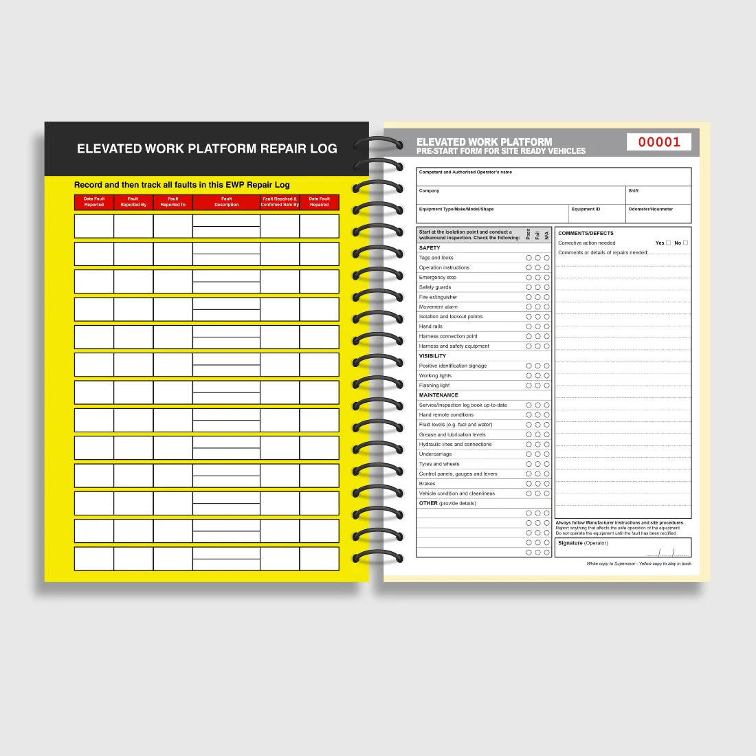 BSB 007 Elevated Work Platform Pre-Start Checklist opened flat showing duplicate sets with inspection fields for controls, hydraulics, emergency systems and stability at 210 x 148 mm size