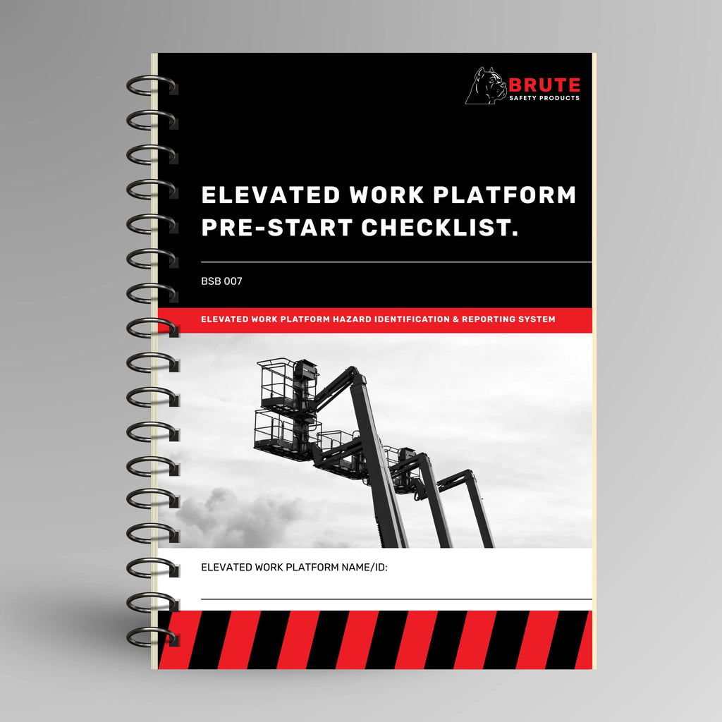 BSB 007 Elevated Work Platform Pre-Start Checklist book shown upright in blue with Brute Safety Products branding on cover