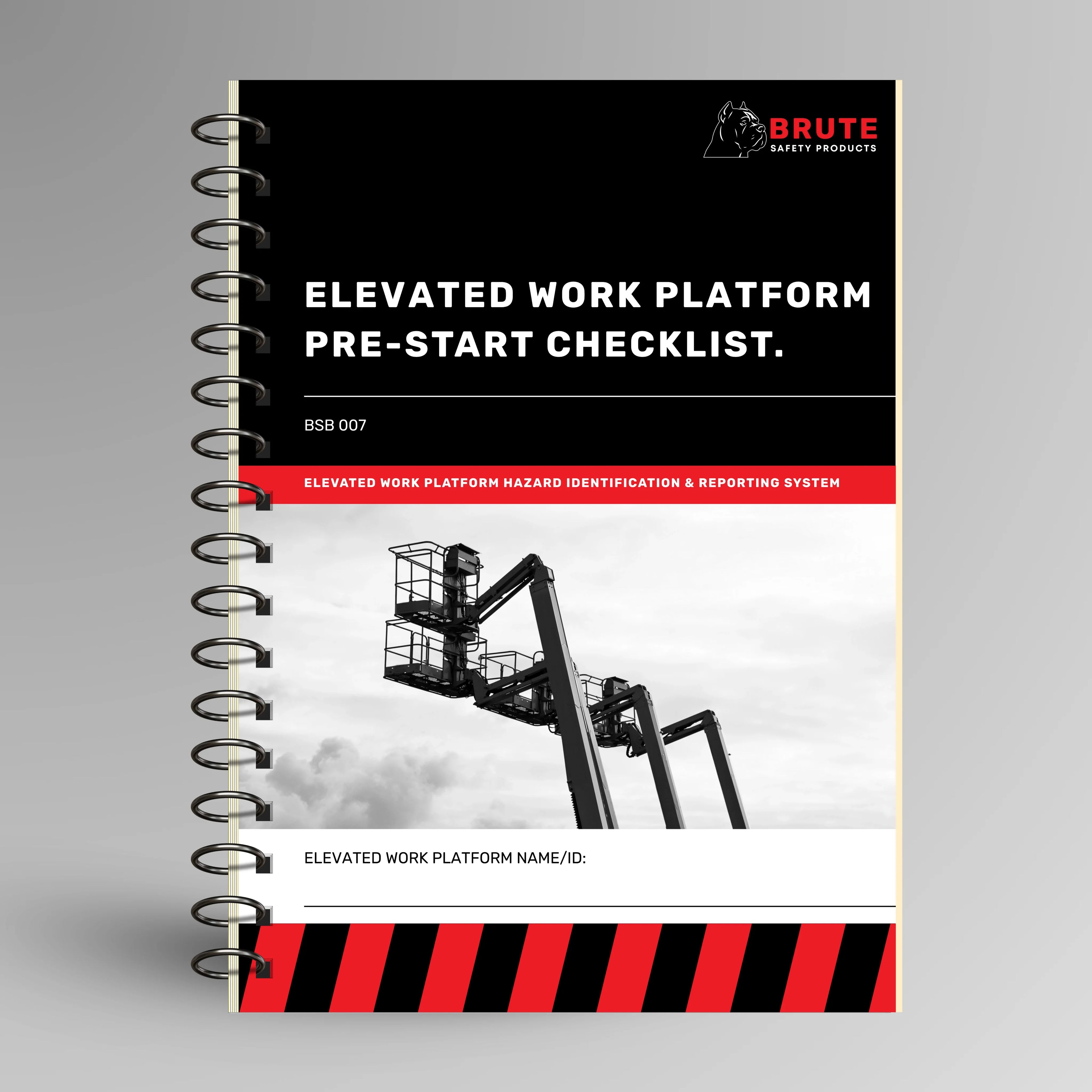 BSB 007 Elevated Work Platform Pre-Start Checklist book shown upright in blue with Brute Safety Products branding on cover