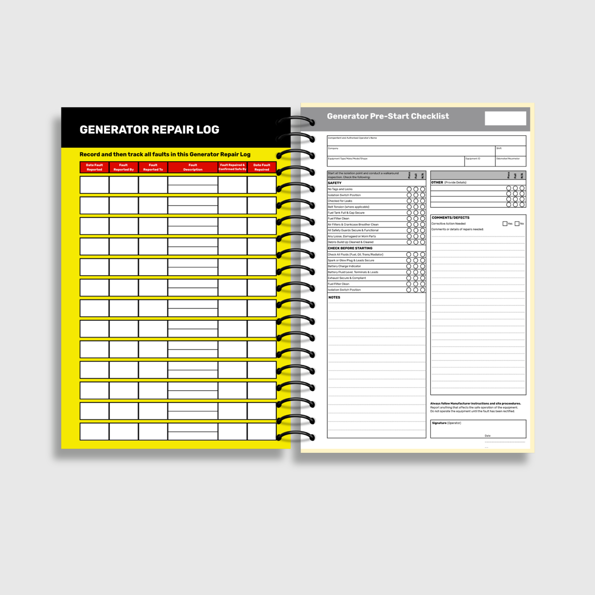 BSB 008 Generator Pre-Start Checklist opened flat showing Generator Repair Log on left and pre-start inspection fields for safety, check before starting and comments on right