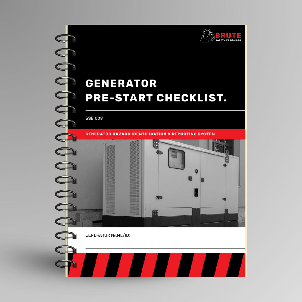BSB 008 Generator Pre-Start Checklist book shown upright with Brute Safety Products branding, generator image and hazard identification and reporting system label on cover