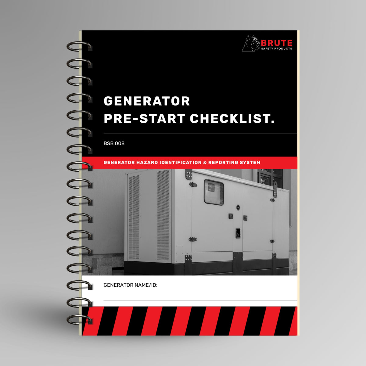 BSB 008 Generator Pre-Start Checklist book shown upright with Brute Safety Products branding, generator image and hazard identification and reporting system label on cover