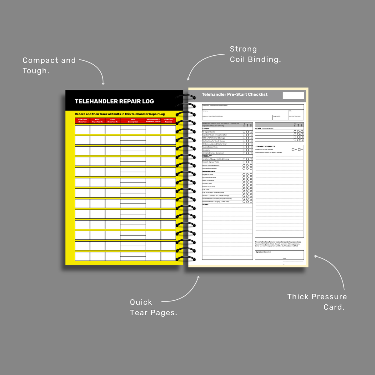 BSB 009 Telehandler Pre-Start Checklist benefits callout showing strong coil binding, quick tear pages, thick pressure card and compact tough construction