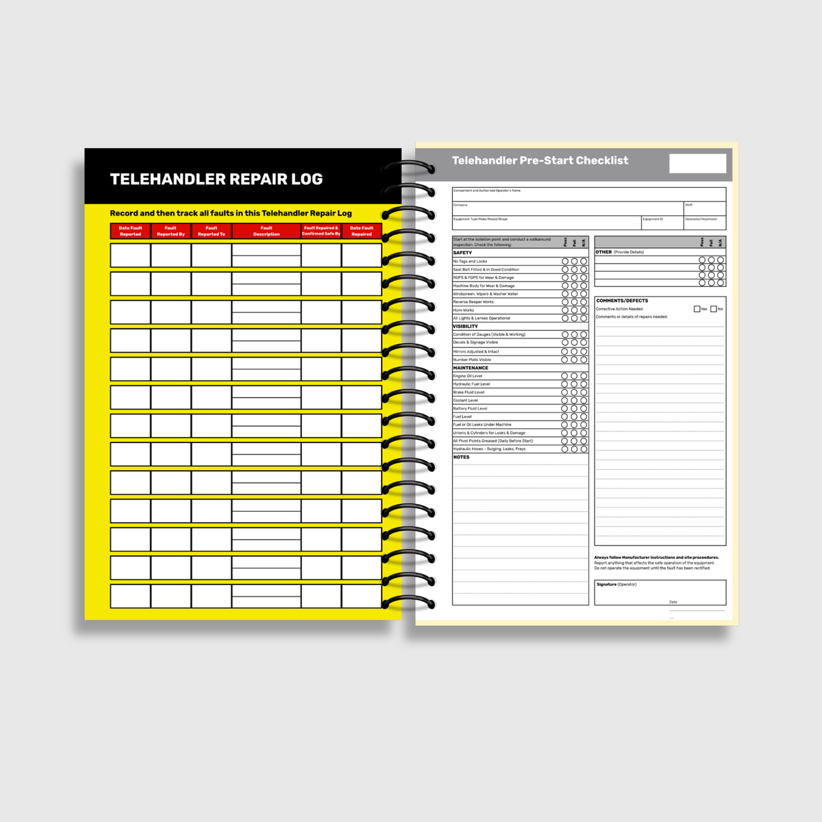 BSB 009 Telehandler Pre-Start Checklist opened flat showing Telehandler Repair Log on left and pre-start inspection fields for safety, visibility, maintenance and comments on right