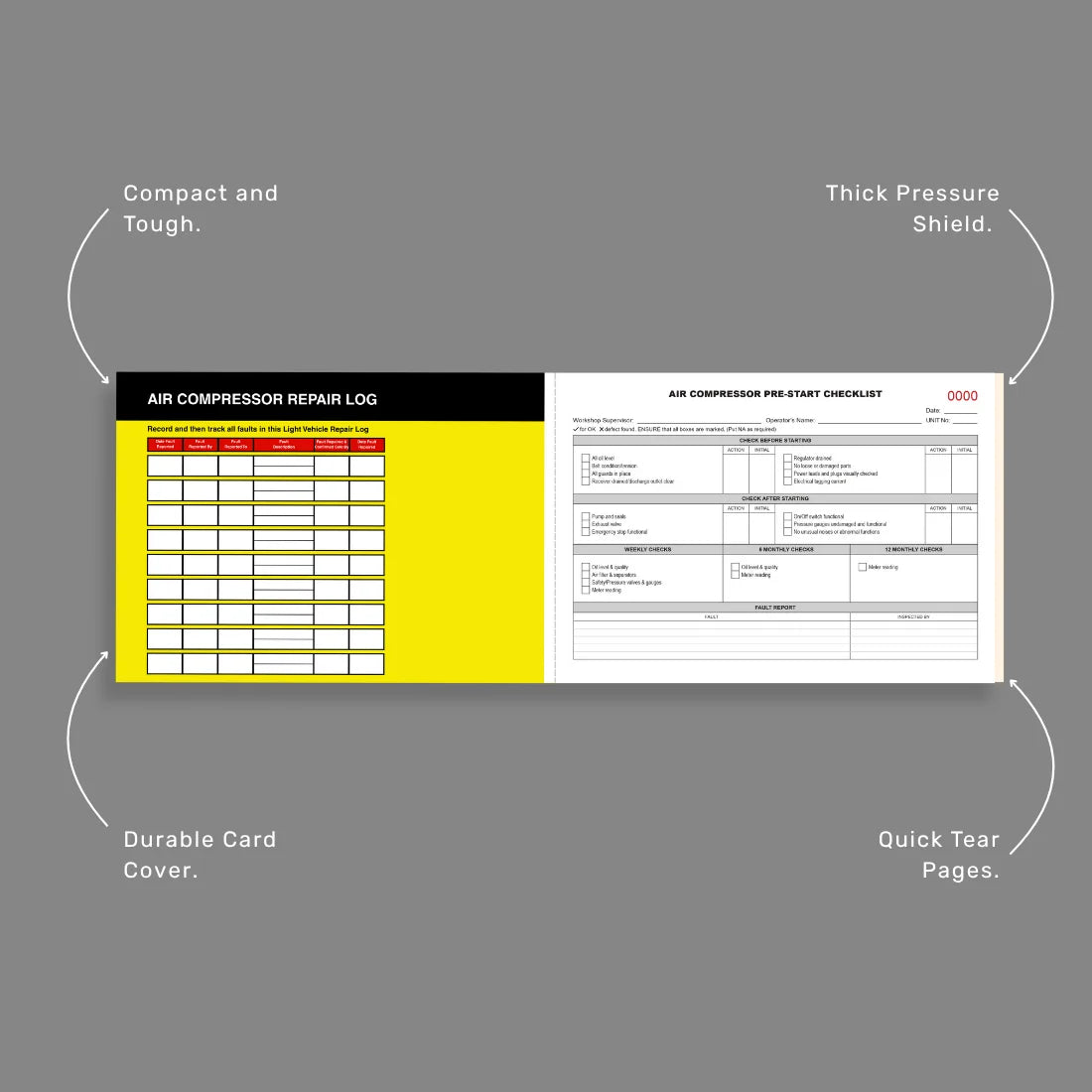 Air Compressor Pre-Start Checklist benefits callout highlighting 50 duplicate sets, writing shield and pressure system safety inspection features