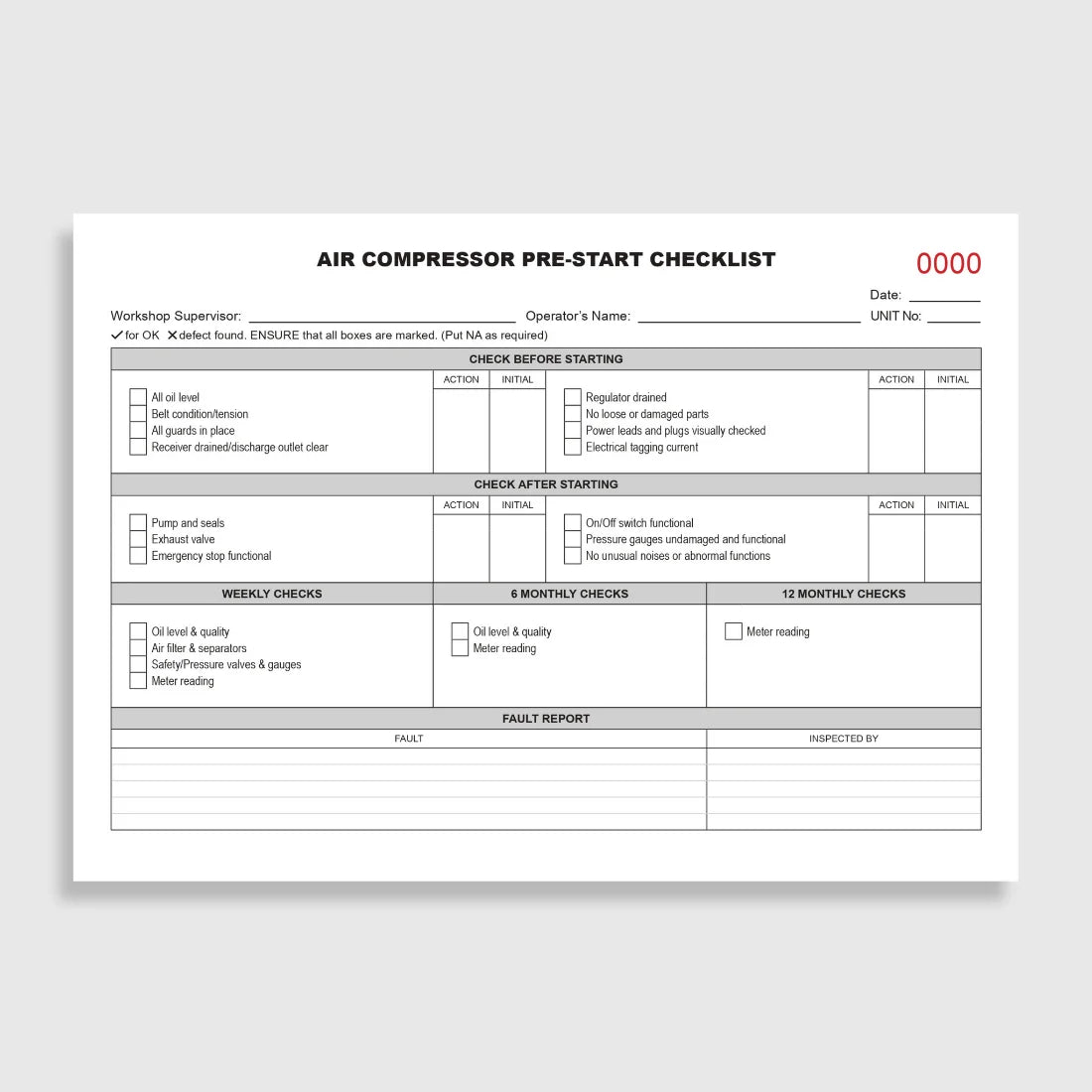 BSB 051 Air Compressor Pre-Start Checklist opened flat showing duplicate sets with inspection fields for pressure, hoses, connections and safety valves at 148 x 210 mm size