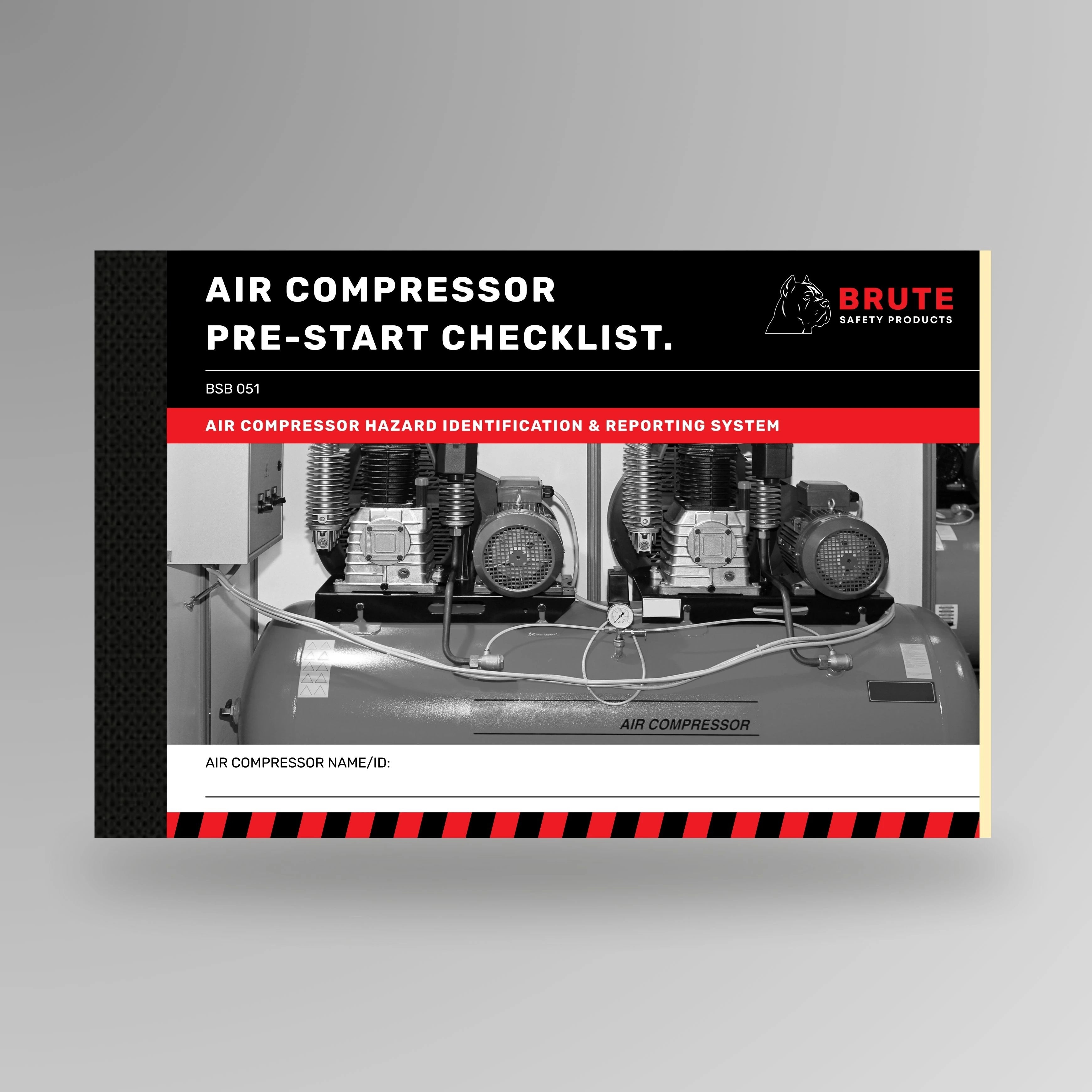 BSB 051 Air Compressor Pre-Start Checklist book shown upright in blue with Brute Safety Products branding on cover